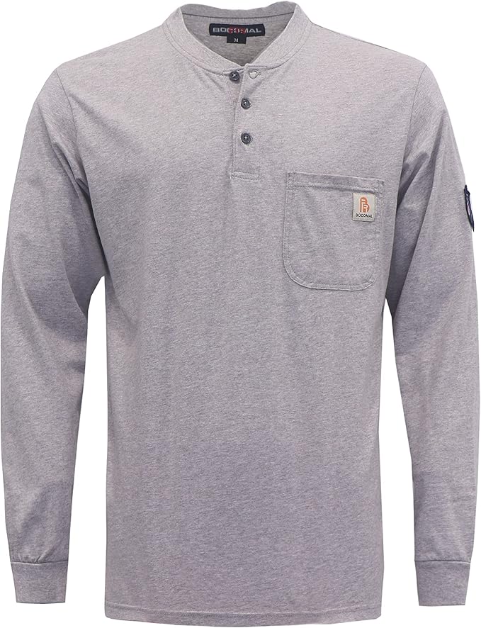 BOCOMAL FR Shirts Henley 7oz Midweight Fire Resistant Clothing NFPA2112 CAT2 Men's Flame Retardant Work Shirt