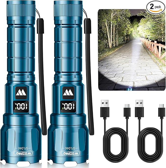 WdtPro LED Rechargeable Flashlight 2 Pack, Super Bright Zoomable 6000 Lumens Tactical Flashlight with LCD Digital Display, 3 Mode Waterproof Flash Light for Camping, Hunting & Home Emergency - Blue
