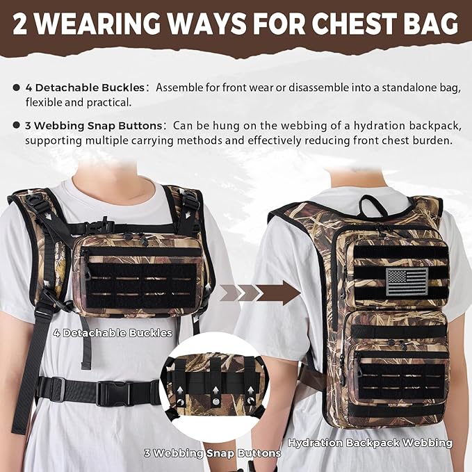Tactical Hydration Backpack with 2L Water Bladder and Front Small Tactical Pouch, Outdoor Water Backpack for Men Women, Sports Hydration Pack for Hiking, Cycling, Climbing