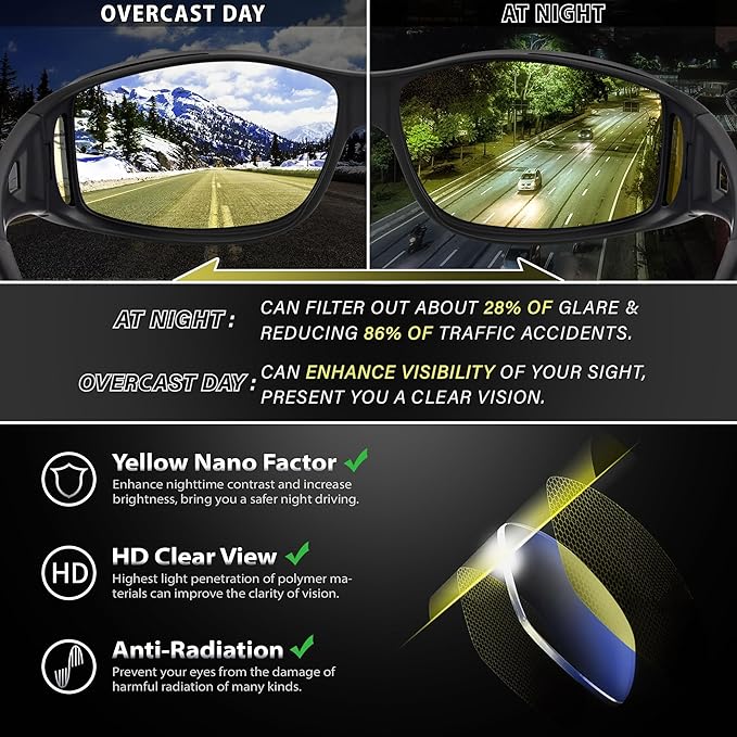 URUMQI Night Vision Driving Glasses Fit Over Eyeglasses for Men Women, Anti Glare Polarized Nighttime Glasses Yellow Lens