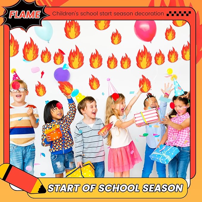 48 Pcs Fire Stickers 3 Sizes Fire Party Decorations Set Flame Cutouts Flame Decals for Firefighter Birthday Survivor Camping BBQ Party Decorations Supplies with Adhesive Dots