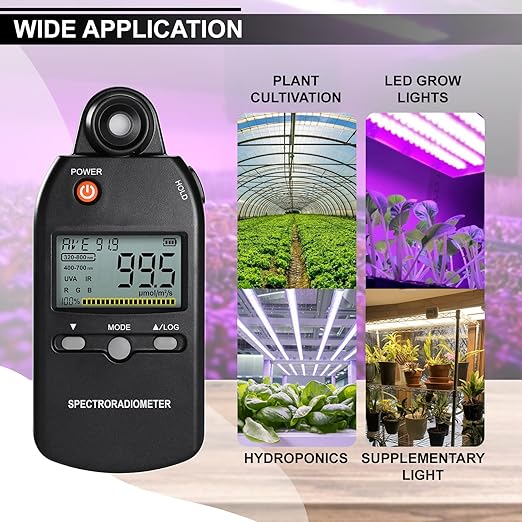 PAR Meter 320-800 nm PPFD Meter Measures PPFD, UVA, and IR Light Intensity, PAR Meter for LED Grow Lights, Quantum PAR Meter Features Data Storage, Hold/MAX/MIN/AVG, Wavelength Switching Modes