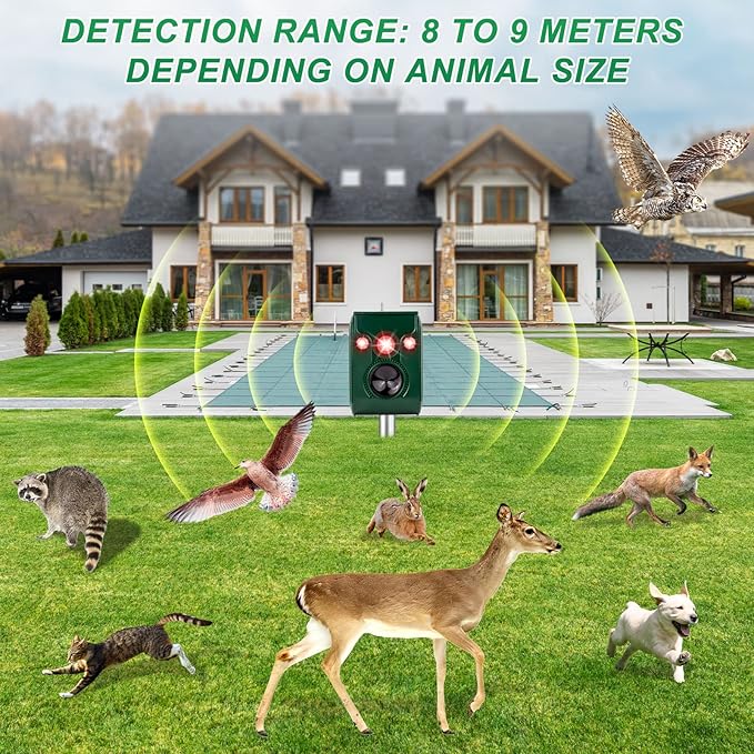 Solar Animal Repeller. Ultrasonic Animal Repellent. with Flashing LED Light and Alarm to expel Cats, Dogs, Squirrels, Deer, Raccoons, Skunks, Rabbits, Foxes, etc