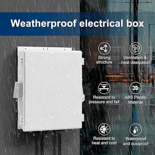 Outdoor Electrical Box with Thermostat and Fan, ABS Water Resistant Enclosure with Internal Mounting Panel & Hinged Cover, 18.1" H* 12.6" L* 6.3" W, Plug & Play.