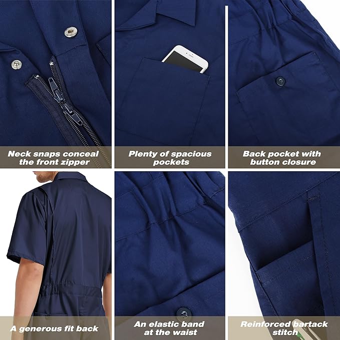 TopTie Men's Short-Sleeve Coverall Work Jumpsuit Lightweight with Zipper Front Elastic Waist