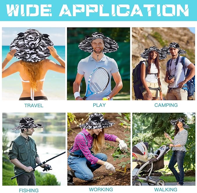 Berlune Men Sun Hat with 2 Solar Fans Wide Brim Outdoor Fishing Hat USB & Solar Powered for Sun Protection Camping Hiking