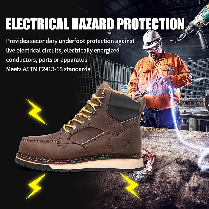 MWORK 6" Moc Toe Work Boots For Men Wedge Sole Leather Waterproof ASTM F2413-18 Safety Metallic Toe EH Rated Arch Support Anti Fatigue