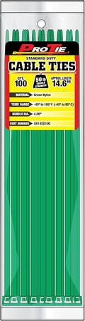 Pro Tie Standard Duty, Self-Locking Nylon Cable Wire Ties for Indoor and Outdoor Use | 14.6-Inch, 50 lbs. Tensile Strength, Green Nylon, 100-Pack (PN: GR14SD100)