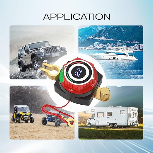 Top Post Battery Disconnect Switch 12V with LED Voltmeter, DC5-80V Car Battery Disconnect Switch Kill Switch for Car, RV, Boat, Marine On Off Battery Cut Off