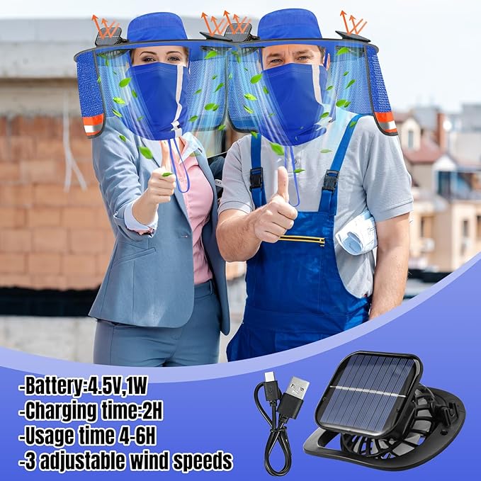 Solar Fan Hat for Men Women Sun Wide Brim Fishing Hat with Dual Power Ice Silk Neck Cover Reflective Design