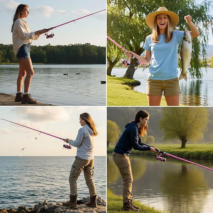 Goture Pink Fishing Rod and Reel Combo - ML Action Spinning Reel Pole with Pink Bag - Telescopic Rod Kit for Starter Travel Saltwater Freshwater, Gift for Woman