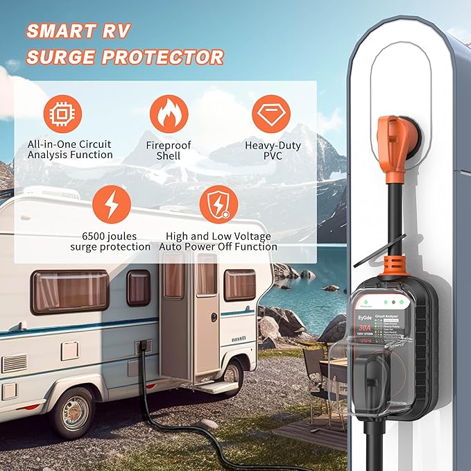 EyGde RV Surge Protector 30 Amp, RV Circuit Analyzer with Waterproof Cover, RV Accessories Power Voltage Protection Guard for Camper Travel Trailers