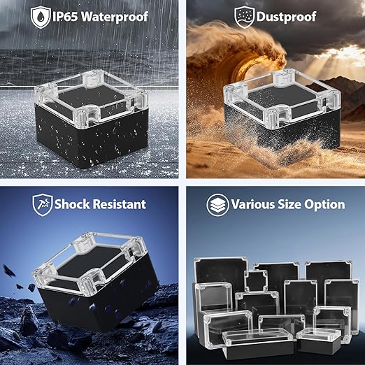LeMotech Junction Box with Clear Cover IP65 Waterproof Project Box Dustproof ABS Plastic Electrical Project Boxes Universal Enclosure, Black 3.2"x 3.1"x 2.2"(83x81x56mm)(Pack of 2)