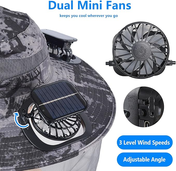 Solar Fan Hat with Mosquito Net, Wide Brim Sun Hat with 2 Solar Powered Fans, Fishing Hat with Solar Fans for Men Women