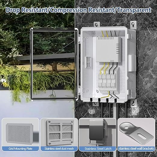 ABS Electrical Junction Box, Ventilated Design, Cable Grommets, IP65 Waterproof Enclosure, Indoor/Outdoor Use with Mounting Panel .(Clear Cover, 13.8"x9.7"x5.9")