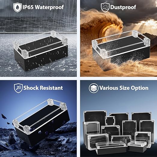 LeMotech Project Box ABS Plastic IP65 Waterproof Dustproof Electrical Junction Box with Clear Cover Outdoor Enclosure for Electronics, Black 6.2"x 3.5"x 2.3"(158x90x60mm)(Pack of 1)