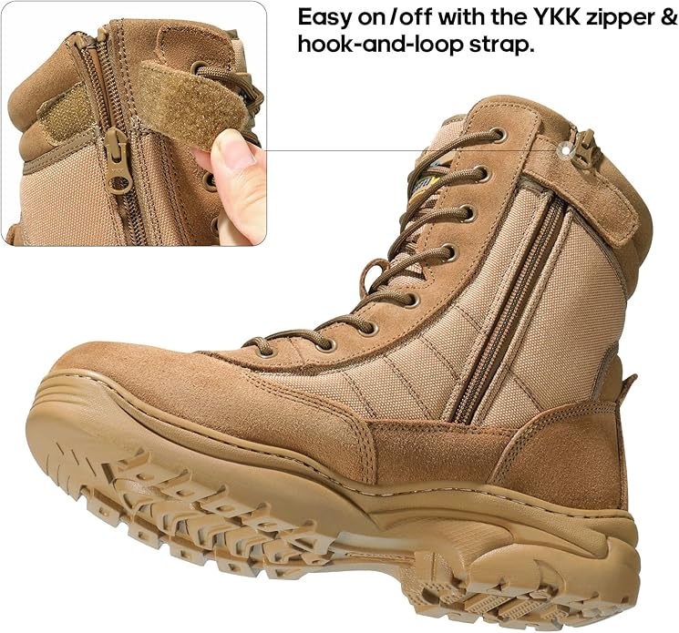 NORTIV 8 Men's Military Tactical Work Boots Side Zipper Leather Motorcycle Combat Boots Trooper