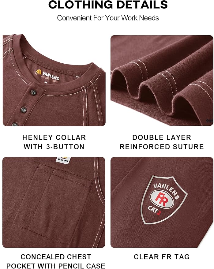 FR Shirts for Men Light Weight Flame Resistant Henley Shirts Long Sleeve Shirts HRC2/CAT2 6.5oz 100% Cotton