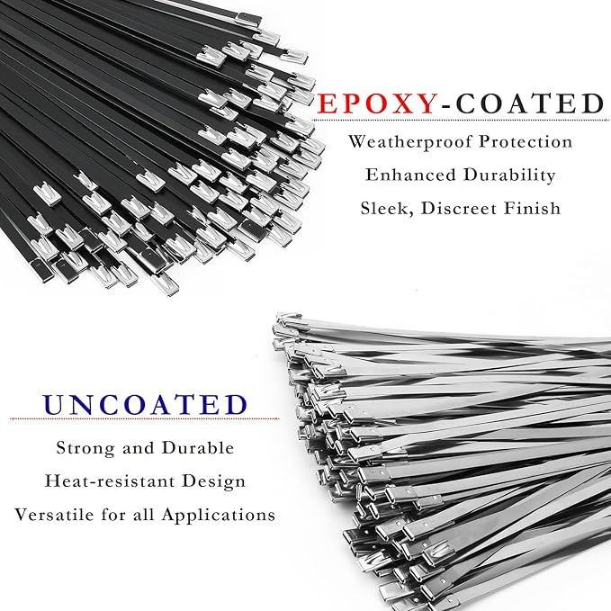 Metal Zip Ties, 100PCS Black 304 Stainless Steel Zip Ties, Multi-purpose Metal Zip Ties Heavy Duty，Used for Outdoor Binding, Cables, Farms, Vehicles. W/0.18"(4.6 mm) L/20" (500mm)
