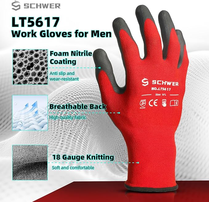 Schwer 12 Pairs Ultra-Comfort Safety Work Gloves MicroFoam Nitrile Coated, Seamless Knit Nylon Glove for Men and Women, Abrasion Resistant, Non Slip, Breathable, LT5617, XXL