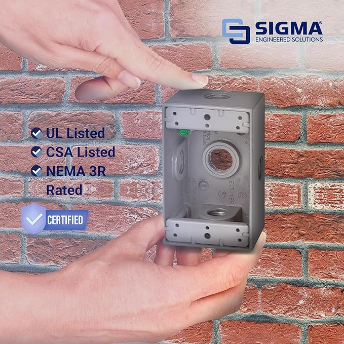 SIGMA ENGINEERED SOLUTIONS 14251-5X Metal Electrical Outlet Box, Weatherproof, Easy Mount Plug and Receptacle Protector, Gray, (5) 1/2-Inch Holes, 1 Gang Box with Side Entry