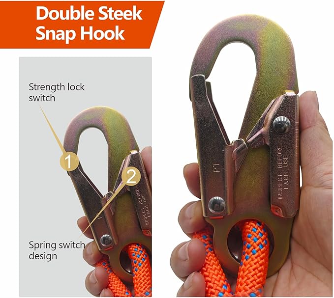 Fall Protection Rope for Roofing Tree Climbing, 25ft Harness Safety Lanyard, Vertical Rope with Grab Snap Hooks Shock Absorber Safety Equipment Orange