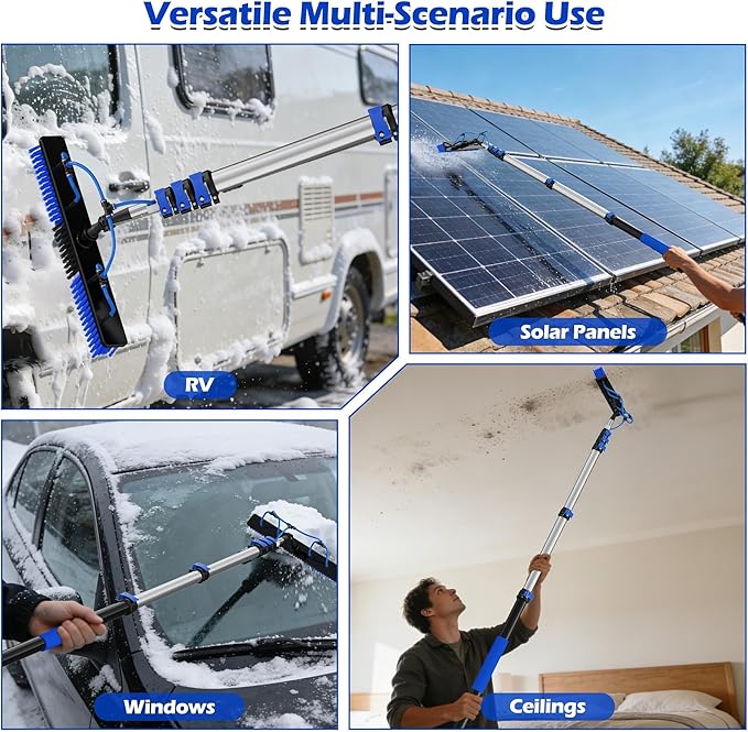 30 FT Reach Solar Panel Cleaning Brush Kit with 5-24 FT Telescopic Extension Pole, Water Fed Pole with Dual Action Flip-Lock & Screw Fixing Design, Ideal for Snow Removal, Windows, Boats, RVs