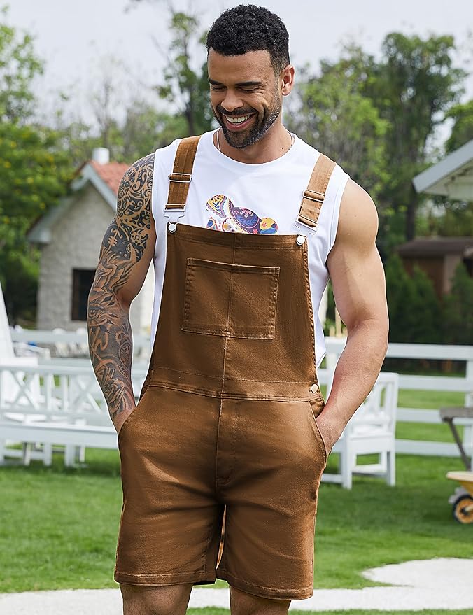 Bindefon Denim Overalls for Men Jean Shorts Jumpsuit Work Bibs Coveralls with Zipper