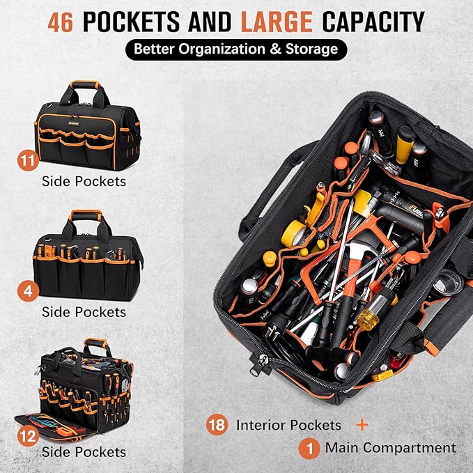17-Inch Electrician Tool Bags for Men, 46-Pocket Heavy Duty Tool Bag, Foldable Hvac Tool Bag Organizer with Wide Mouth & Adjustable Shoulder Strap for Electricians Mechanics Craftsman Contractor