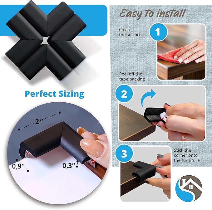 8-Pack Corner Protectors Baby Proof, Furniture Corner and Edge Safety Bumpers, Soft Rubber Foam Cushion Covers, 3M Taped Corner Guards, Baby Child Proofing Pads, Table Corner Protectors, Black