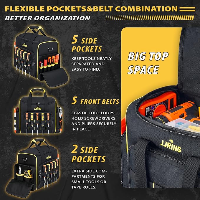 JJRING 2.0 Gen Tool Bag With 3 Removable Cases, Double Layers&Large Capacity Tool Tote, Multi-Pocket Organizer For Tools and Crafts, Durable And Water-Resistant(Yellow)