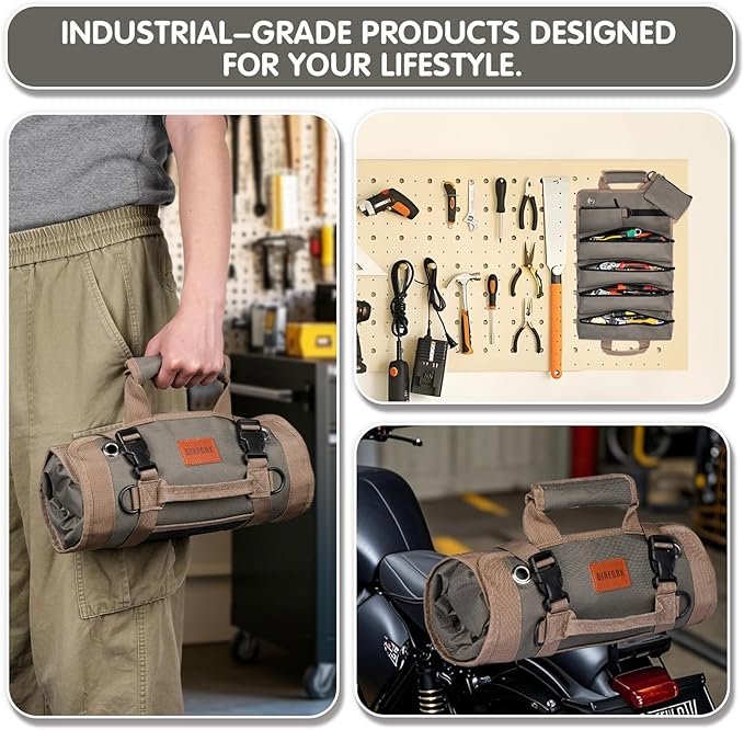 Roll Up Tool Bag, Heavy Duty Portable Tool Organizer with 2 Detachable Pouches and 4 Compartments, Water-Resistant Canvas Tool Roll for Car Garage Electrician Mechanic Handyman (Army Green)