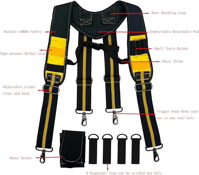Tool Belt Suspender for Men 4 Point Padded with Attachment Loops, WristBand Pouch Pocket for Construction Worker