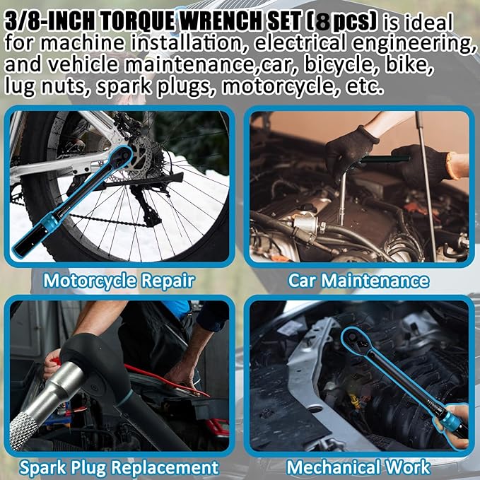 3/8" Drive Click Torque Wrench Set, 7.37~44.27 Ft-Lb/10-60 Nm, Magnetic Spark Plug Socket Set, ±3% Accuracy, 72-Tooth Dual Range Scales Torque Wrench for Bike, Motorcycle, Car