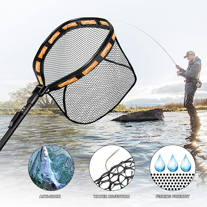 PLUSINNO Fishing Net Fish Floating Landing Net, Kayak Nets with Fixed Foldable Telescopic Pole Handle, Bass Trout Fishing Nets with Nylon Mesh for Pond Lake River, Fishing Gear Gifts for Men Anglers