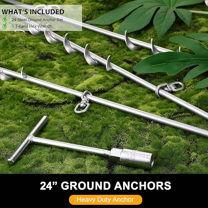 Hiboom 4 Pcs Ground Anchors with T Handle Hex Wrench Trampoline Hook, Ground Anchor Screw in Kit, Inflatable Outdoor Decorations Accessories for Camping Tents Car Ports Canopies (Silver,24 Inch)
