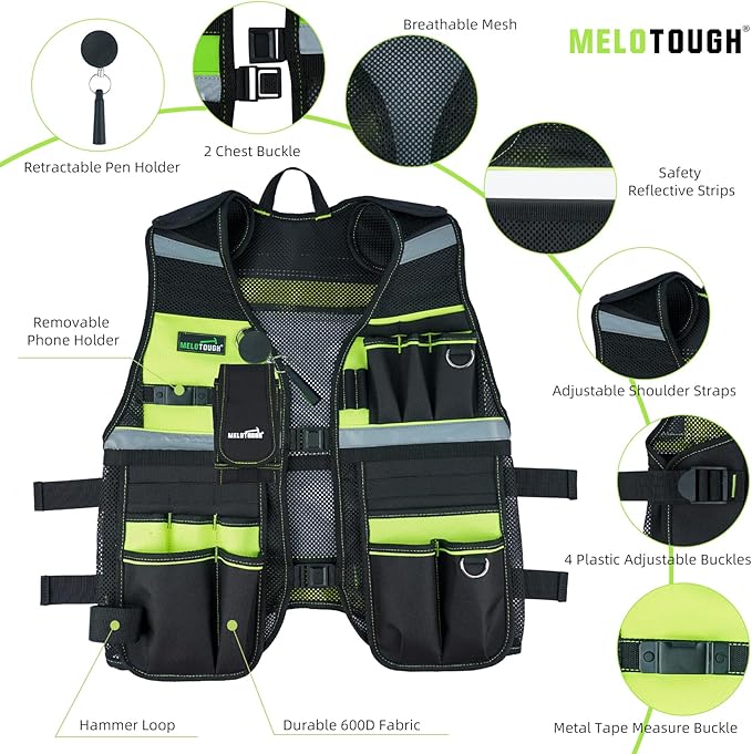 MELOTOUGH Tool Vest Reflective Safety Tool Vest with Removable Phone Holder,Retractable Pen Holder for Electrician,Carpenters,Construction(Lime)