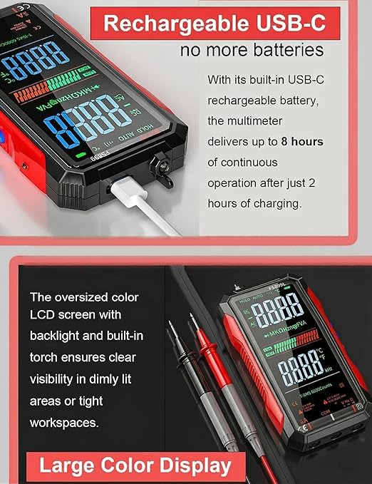 Rechargeable Digital Multimeter 6000 Counts True RMS Smart Tester with 5-Inch Screen, Auto-Range, NCV Detection, Capacitance & Temperature for Home Automotive Industrial Electrical Repairs (Red)