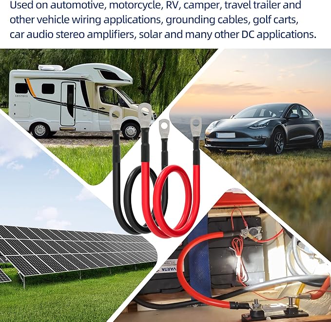 8 AWG Battery Cable 8 Gauge Power Inverter Cables with 5/16 Inch Lugs Both Ends for Solar Boat Marine RV Car 2 Pack (2FT)