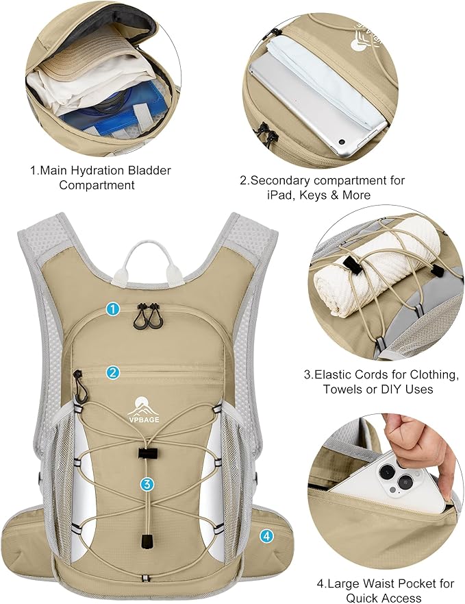 Hydration Backpack with 2L Water Bladder - Lightweight 15L Daypack with Phone-Sized Hip Belt Pockets, Anti-Chafe Cotton Edging & No-Bounce Straps - Small Water Backpack for Hiking, Running, Skiing