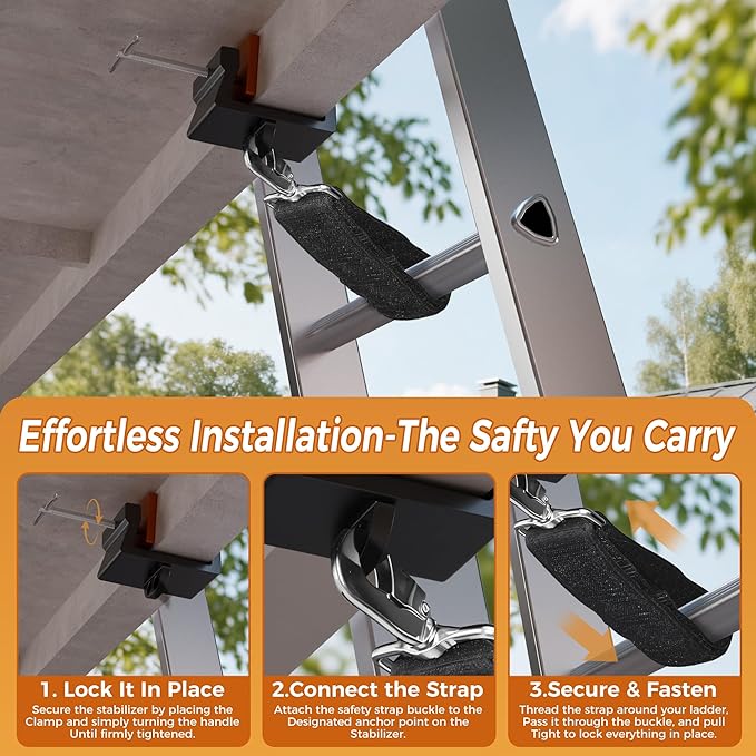 Ladder Stabilizer for Ladder Safety, Lockjaw Ladder Grip & Anti-Slip Fall Protection Kit, Ladder Gutter Guard with 2FT & 3FT Ladder Straps,Ladder Accessories for Maximum Safety