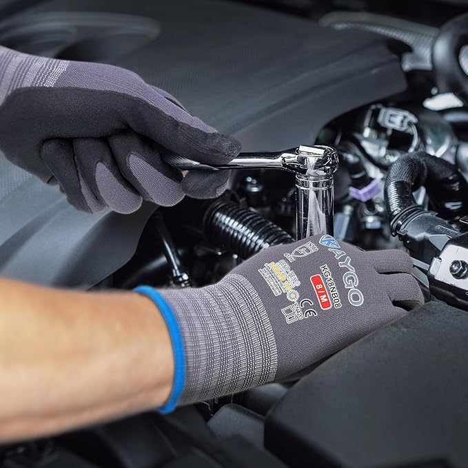 KAYGO Safety Work Gloves MicroFoam Nitrile Coated, 12 Pairs KG18NB,Seamless Knit Nylon Glove for Men and Women, Ideal for Automotive,Warehouse,Construction (XL,Red)