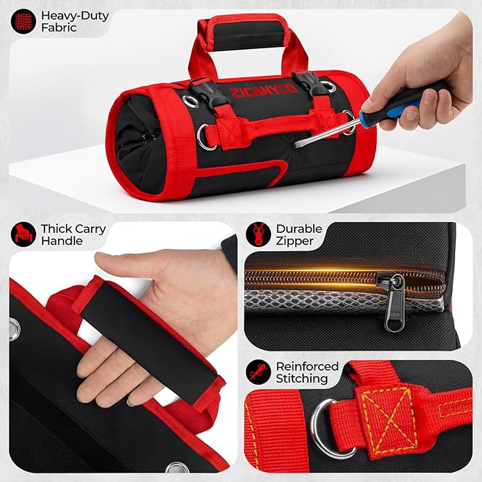Roll Up Tool Bag, Heavy Duty See-Through Tool Roll Organizer with 2 Detachable Pouches, Portable Mechanic & Motorcycle Tool Bag, Birthday & Father’s Day Gift, Red