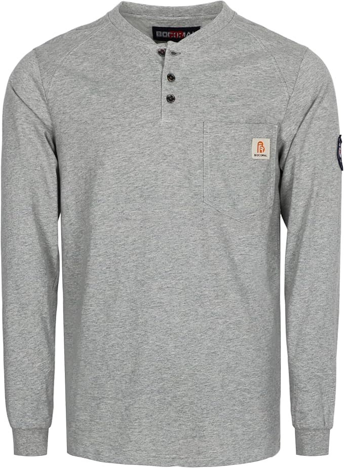 BOCOMAL Men's FR Henley Shirt Flame Resistant 5.5oz Cotton Long Sleeve Workwear UL NFPA2112 CAT2 Welding Tee