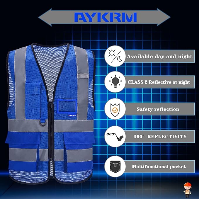 A-SAFETY High Visibility Mesh Safety Reflective Vest with Pockets and Zipper,Hi Viz Work Vest for Men Women (Blue Mesh L)