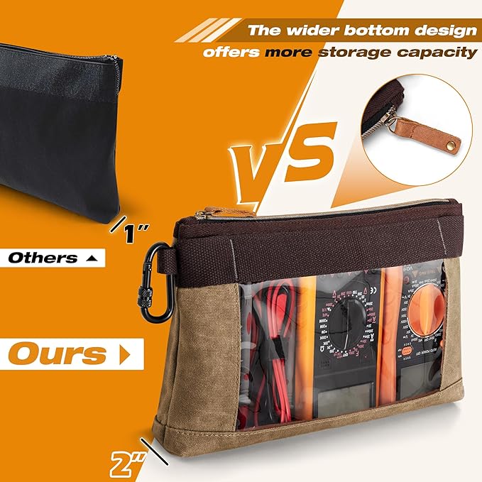4 Pack Heavy Duty Tool Pouch with Carabiner, 12” Canvas Tool Pouch Bag with Clear Window (4 Colors: Black, Gray, Green, Khaki)