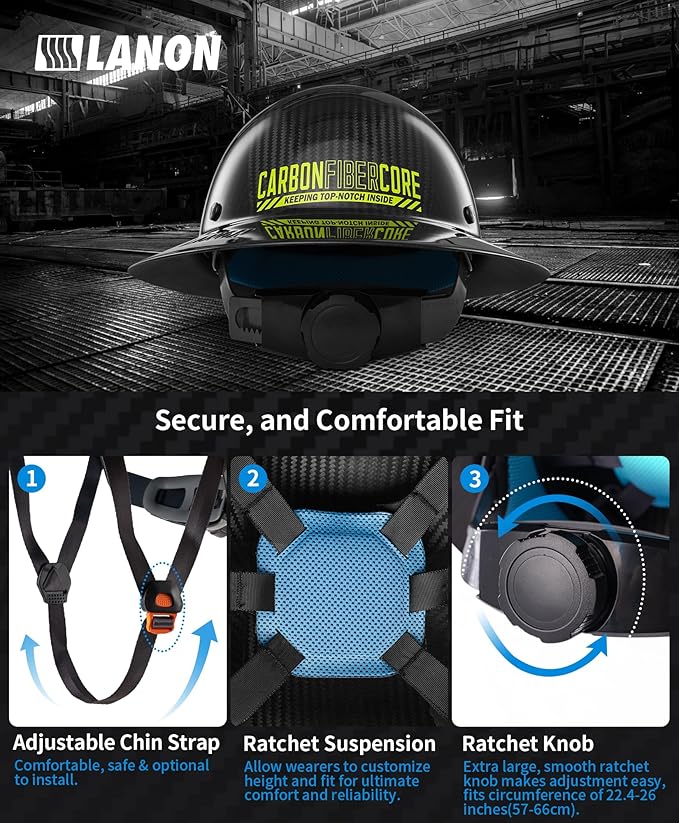 LANON Carbon Fiber Full Brim Hard Hat, OSHA Approved ANSI Z89.1 Hard Hats for Men, Construction Safety Helmet with Chin Strap, 6-Point Suspension, Classic Black Design, Class C