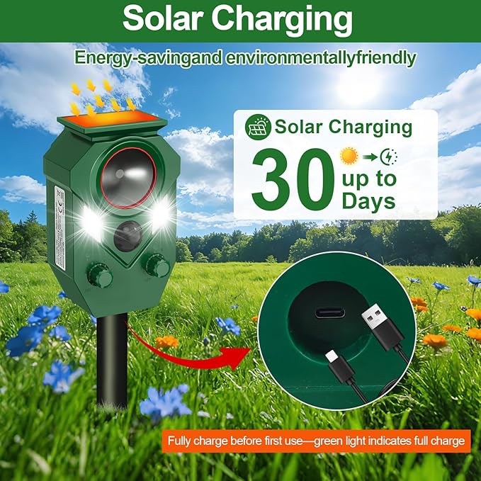 Ultrasonic Animal Repeller Outdoor - Cat Repellent & Deterrent with PIR Sensor & Flashing Light,Solar Powered Deer Repellent for Squirrels, Raccoons, Skunks, Rabbits,and Dogs, IP65 Waterproof （1 Pack）