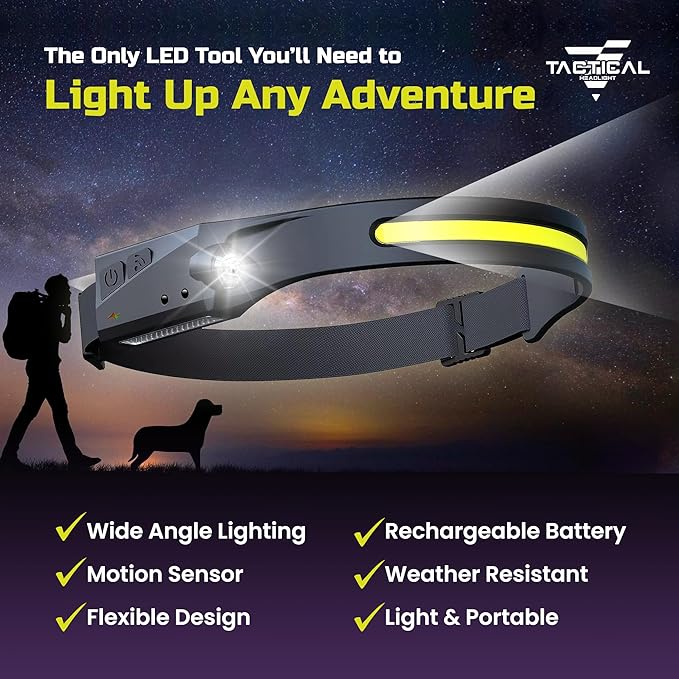 Tactical Headlight Rechargeable 230° Wide Beam LED Tactical Headlamp, Rechargeable USB-C Headlight with Motion Sensor, 350 Lumens, IPX4 Waterproof, Head lamp for Camping Essentials, Hiking, Running