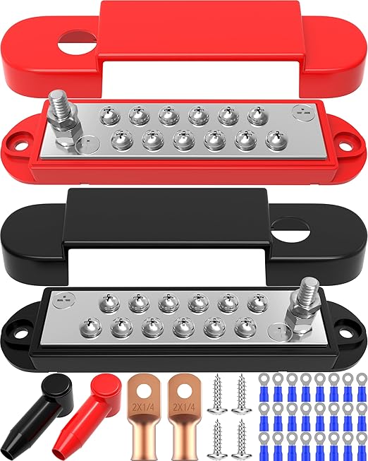 Bus Bar 12V 150A Power Distribution Block: DC Battery Marine Bus Bar Terminal Block with Cover 1/4" Stud 12 × #8 Screws Ground Power Distribution Block for Automotive RV Solar Wiring Boat Accessories